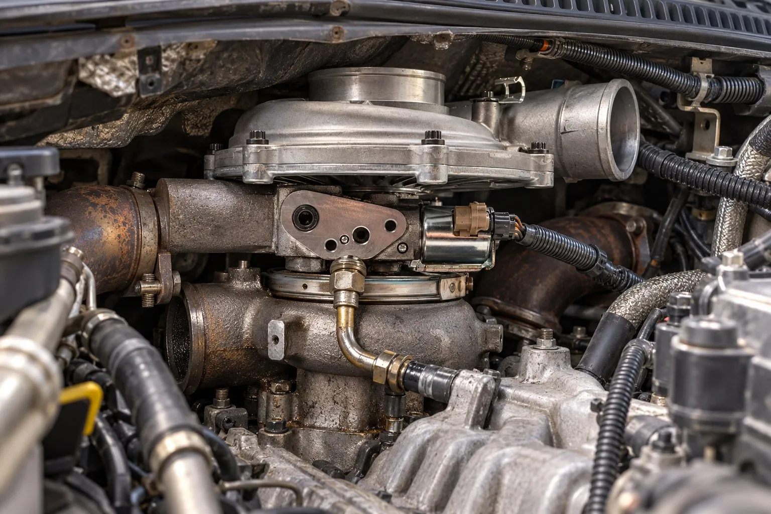 Garrett GT35 Series Turbocharger: Medium Diesel & Performance Applications 1 Close-up of the oil-operated VGT control solenoid on a Ford 6.0L Power Stroke GT3782VA turbo