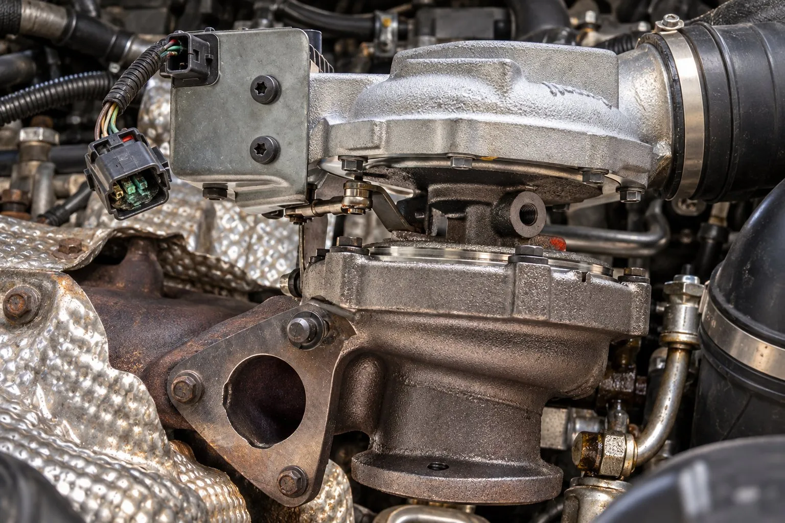 Ford Transit 3.2L Diesel Turbocharger Guide: Common Failures & Replacement 1 Close-up of the Transit GTB2256VK electronic actuator connector and external vane linkage