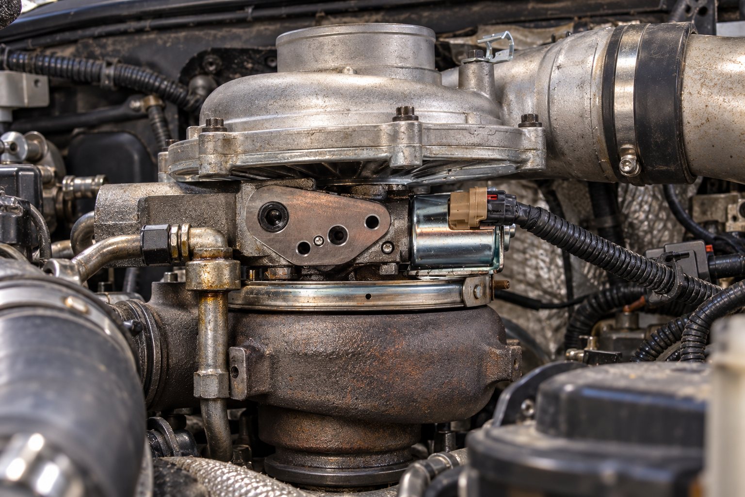 Best Turbocharger Upgrade for Towing: What to Consider Before You Buy 3 Close-up of the VGT control solenoid on an installed Ford 6.0L GT3782VA turbo