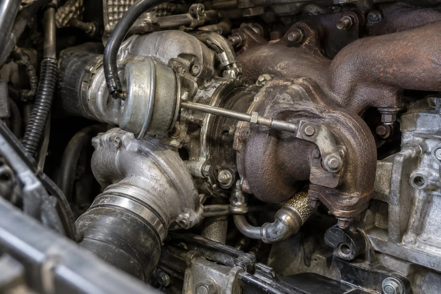 Mercedes Sprinter Turbocharger Replacement Guide: 2.1L & 3.0L CDI Applications by Year 2 Close-up of vacuum actuator hoses and linkage on a Sprinter OM651 two-stage turbo assembly
