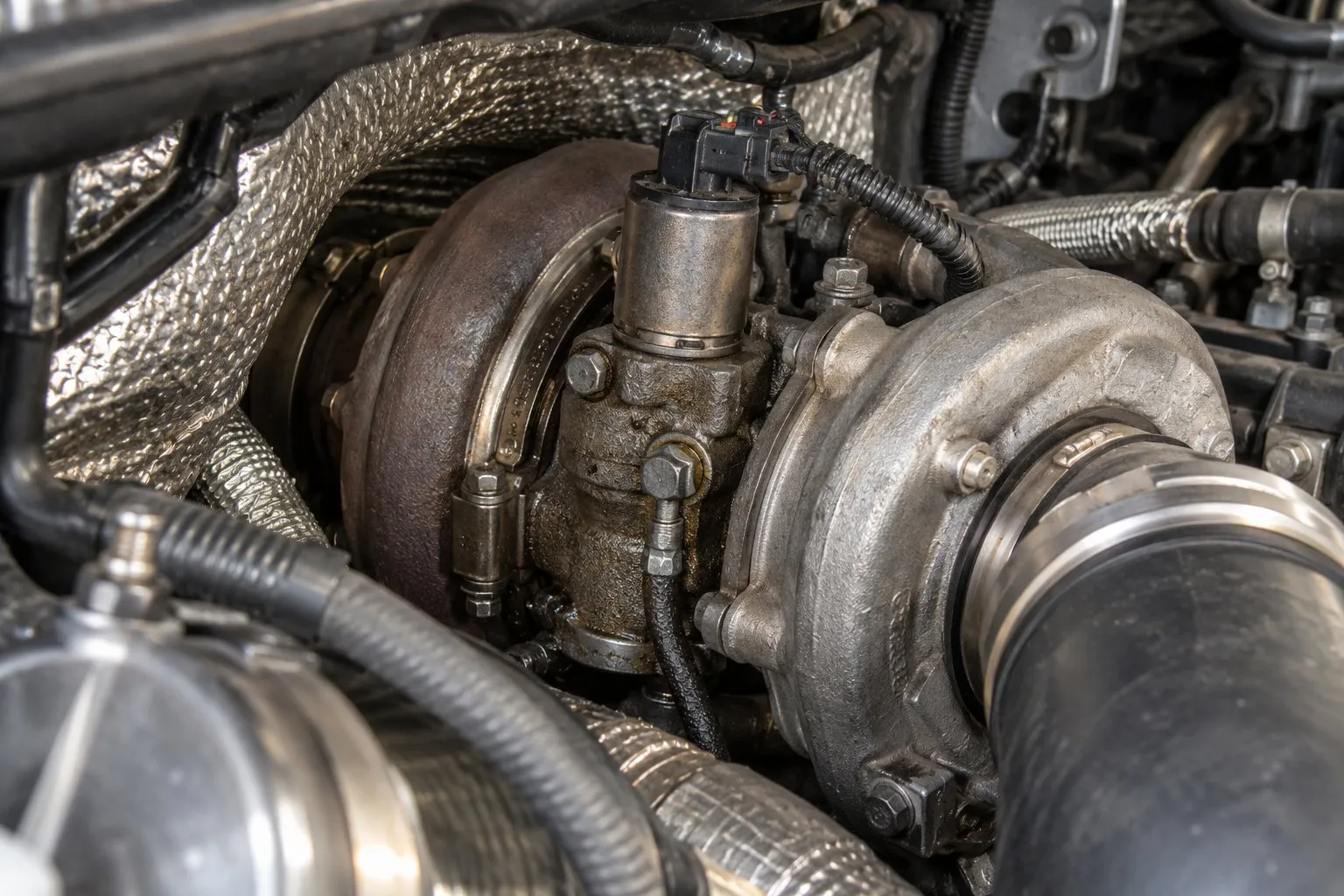 Ford F-650 & F-750 Turbocharger Guide: Cummins ISB & 6.7L Powerstroke Applications 1 Close view of the hydraulic VGT control solenoid on a 2018 F-750 Power Stroke turbo