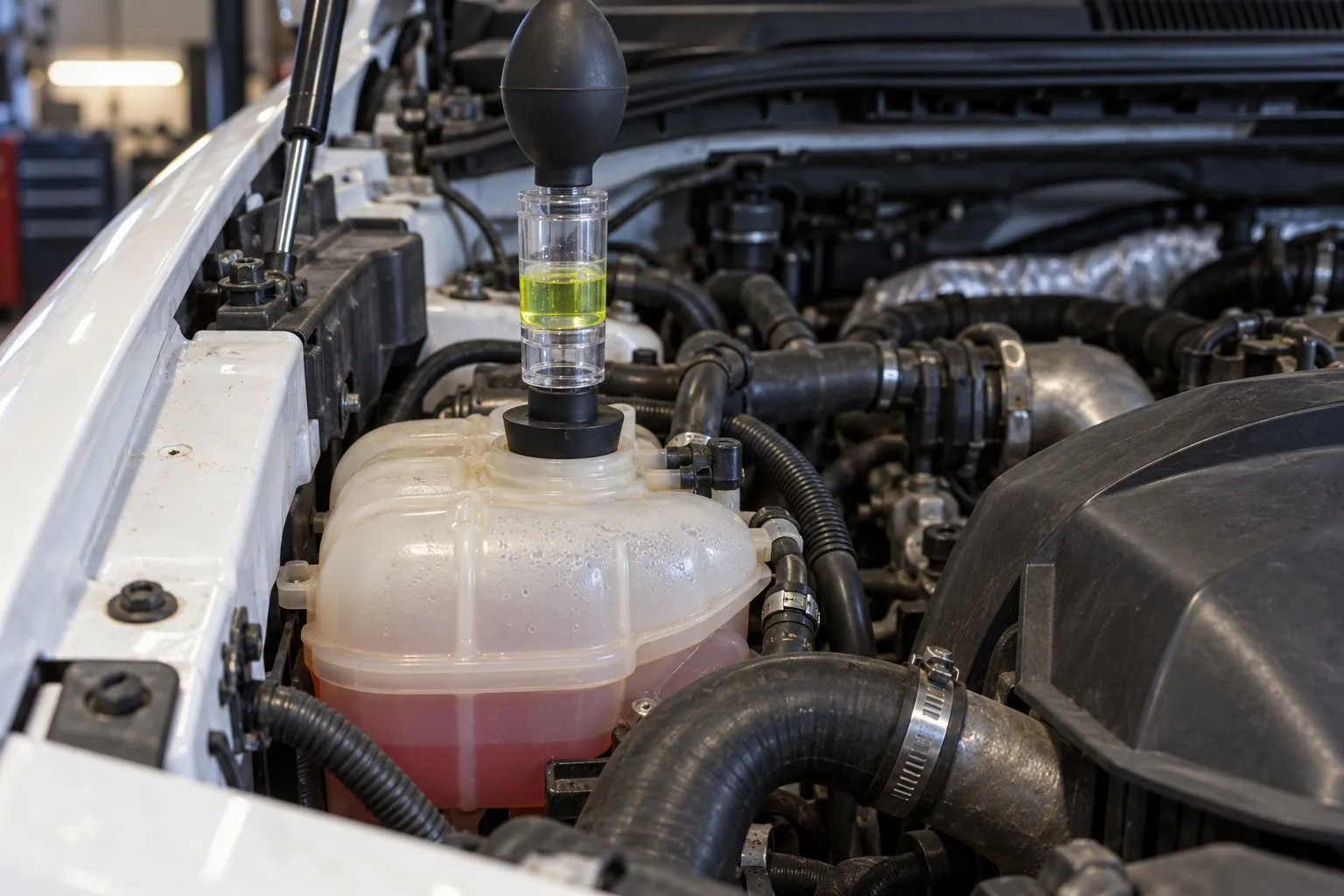 White Smoke from Diesel Engine: Is It the Turbocharger, Head Gasket or Injector? 2 Combustion-gas test tool fitted to a diesel truck's coolant reservoir filler neck
