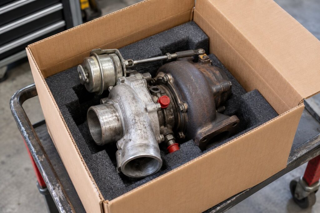How the Turbocharger Core Return Process Works: What to Expect 2 Complete used turbocharger core secured in fitted foam inside an open return shipping box
