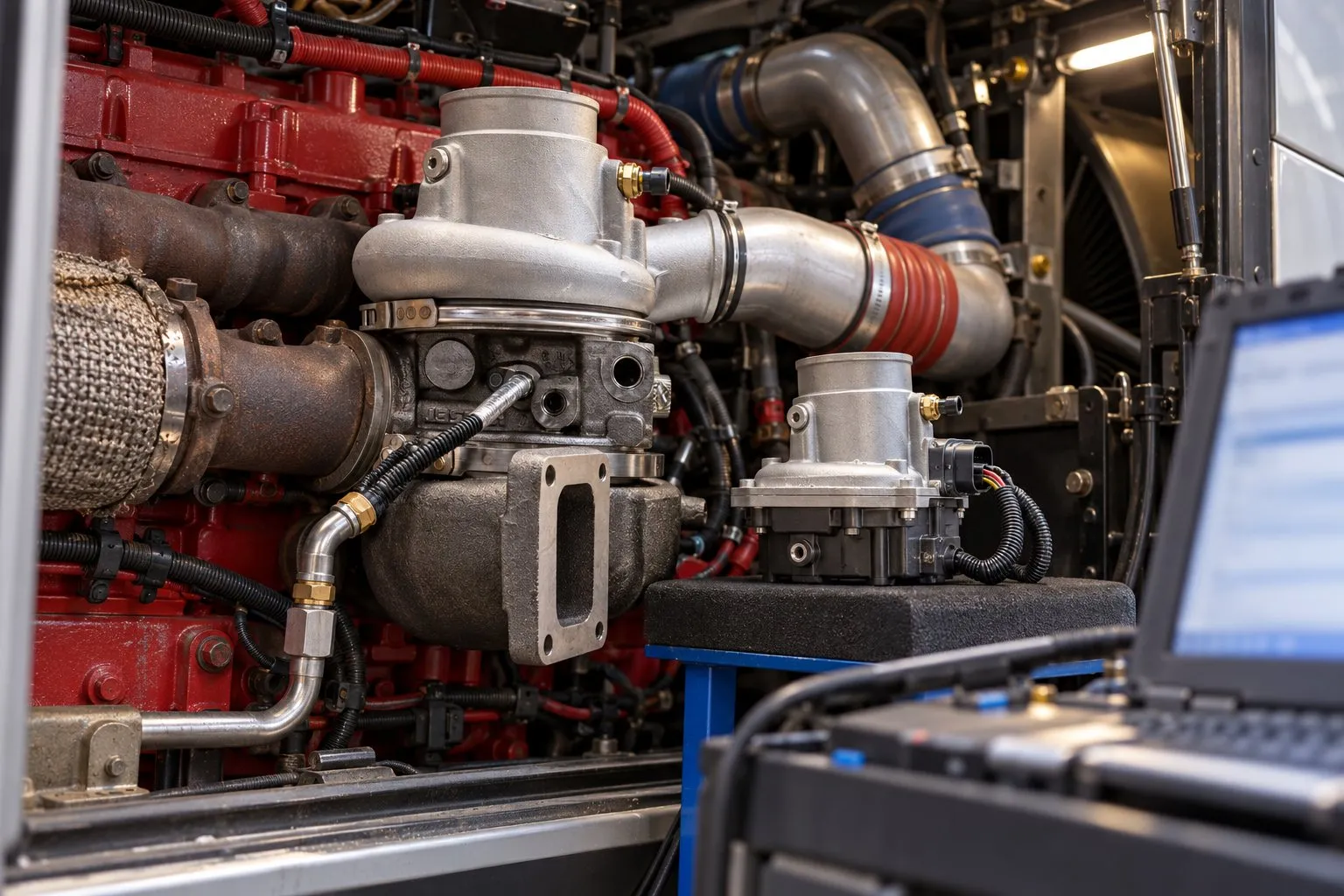 Coach and Tour Bus Turbocharger Guide: Detroit DD13 & Cummins ISX Applications 2 Connected HE451VE electronic actuator supported beside its mounting pad during an ISX15 installation routine