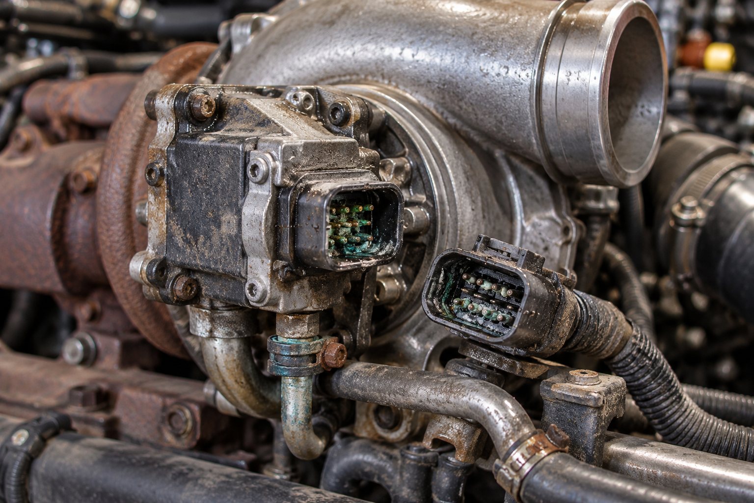 Mack Granite Turbocharger Guide: MP7 & MP8 Vocational Applications 1 Corrosion inside the disconnected actuator wiring connector on an installed MP8 HE400VG turbo