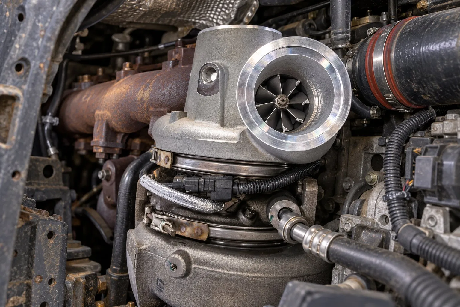Emergency Vehicle Diesel Turbocharger Maintenance: Ambulance, Fire & Police Fleet Guide 1 Damaged compressor blades and housing contact marks on an installed HE351VE in a Cummins rescue truck