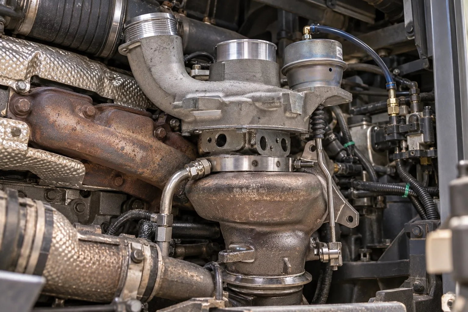 Coach and Tour Bus Turbocharger Guide: Detroit DD13 & Cummins ISX Applications 1 DD13 B03G turbo with pneumatic wastegate actuator, air line and linkage visible in a coach engine bay
