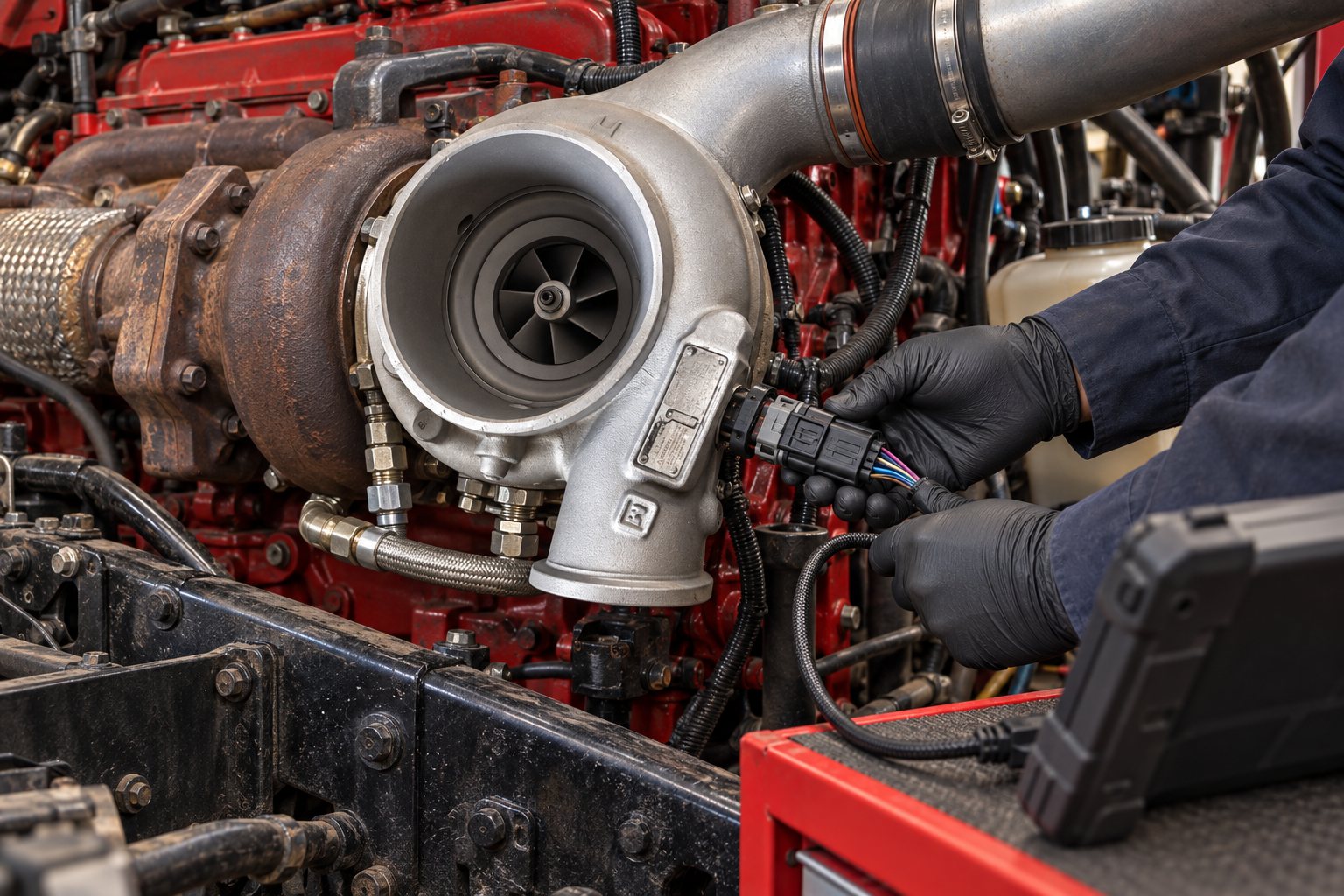 Semi Truck Turbocharger Replacement Cost: Cummins ISX, DD15 & PACCAR MX-13 3 Diagnostic connection at the electronic actuator of an installed ISX15 Holset HE400VG turbo