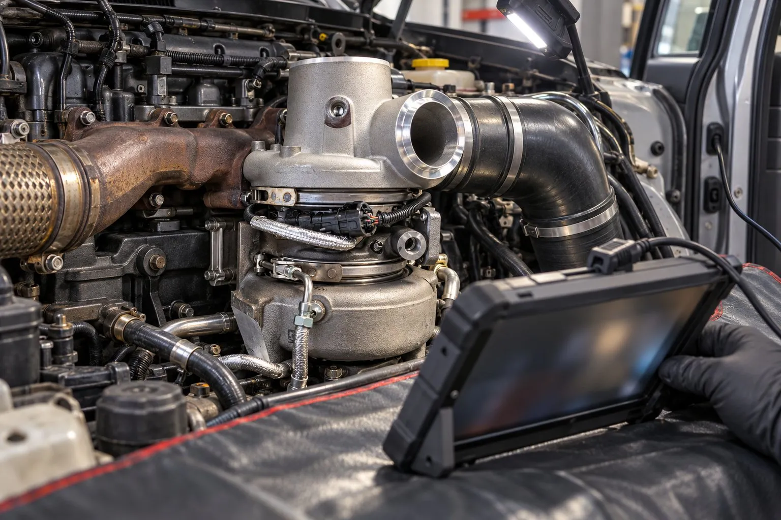 What Is a Variable Geometry Turbocharger? How VGT Works & Common Failures 2 Diagnostic equipment connected during an installed HE351VE actuator test on a Ram 6.7L Cummins
