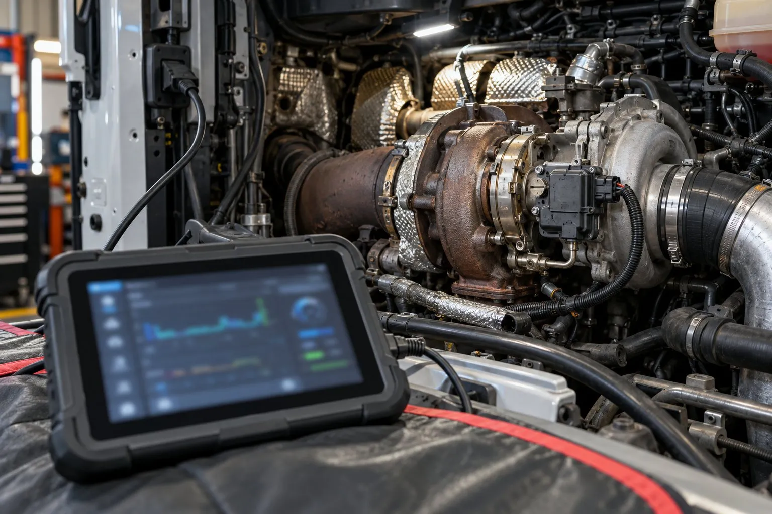 How to Replace a VGT Actuator: Step-by-Step Guide for Diesel Mechanics 1 Diagnostic scan tool in use beside an installed electronic VGT actuator after replacement