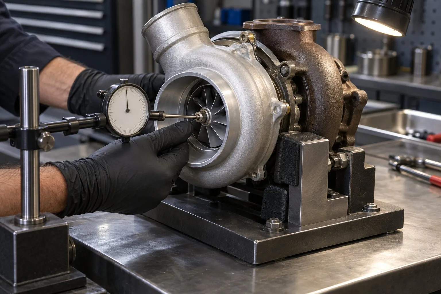 Turbocharger Shaft Play: How Much Is Too Much? Measurement & Replacement Guide 1 Dial indicator aligned with a diesel turbocharger shaft to measure axial end play