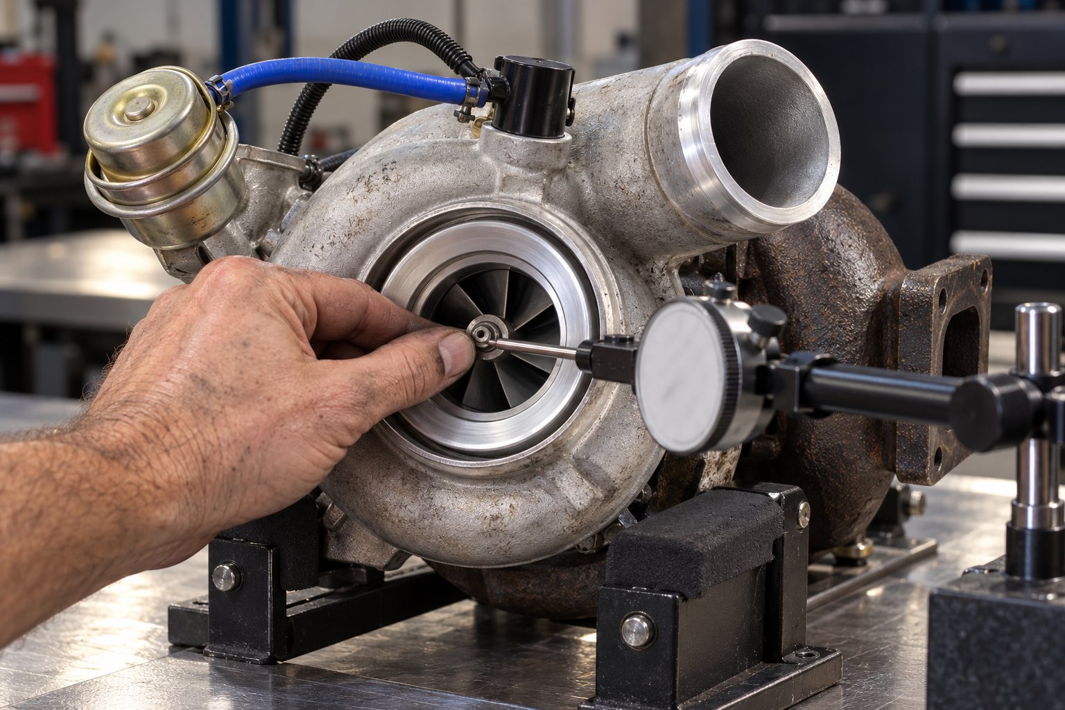 How to Inspect a Pull-Off Turbocharger Before Buying: What to Look For 3 Dial indicator measuring axial shaft movement on a removed HE351CW turbocharger