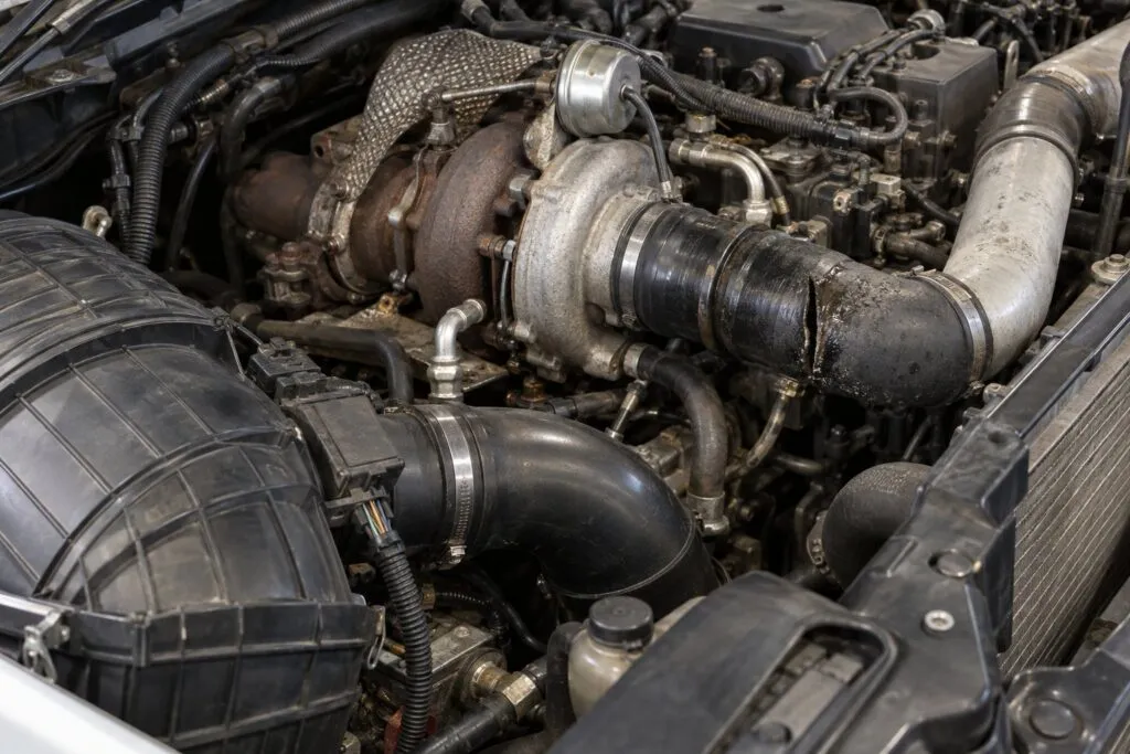 P0101 Mass Air Flow Sensor Code and Turbocharger: Understanding the Connection 1 Diesel engine air path showing the MAF housing, installed turbo and a split charge-air boot