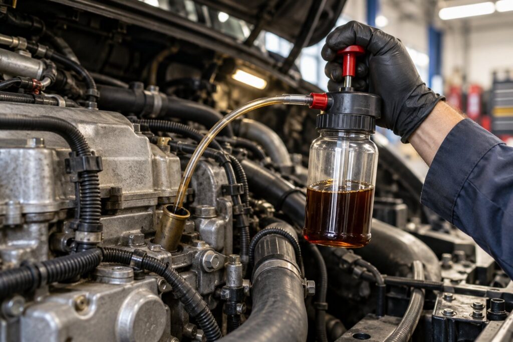 How to Use an Engine Oil Analysis Report to Diagnose Turbocharger Wear 2 Diesel engine oil sampled through a dipstick tube with a vacuum pump into a clean laboratory bottle