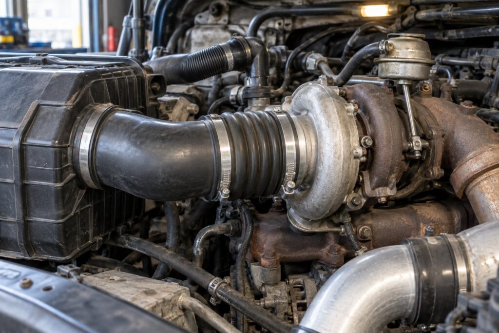 How to Replace a Turbocharger Inlet Pipe and Bellows: Step-by-Step 8 Diesel truck engine bay showing the air-filter pipe and flexible bellows connected to the turbo inlet