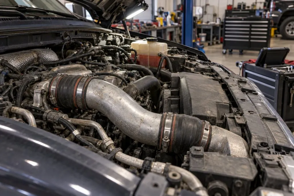 Excessive Turbo Lag on a Diesel: Causes, Diagnosis & Whether to Repair or Replace 11 Diesel truck engine bay with charge-air plumbing exposed for turbo-lag diagnosis