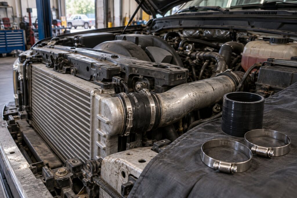 How to Replace Intercooler Boots and Pipes on a Diesel Truck 13 Diesel truck engine bay with intercooler charge pipe and replacement boot ready for installation