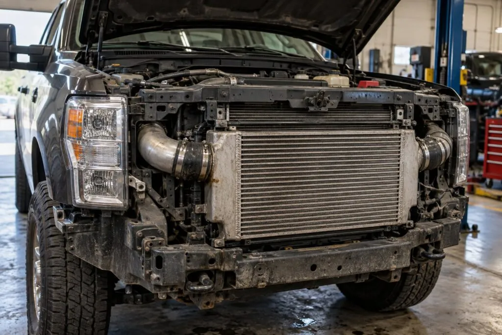 Intercooler Failure Symptoms: How a Bad Intercooler Damages Your Turbocharger 13 Diesel truck with front-mounted intercooler exposed and oily residue around a charge-air connection