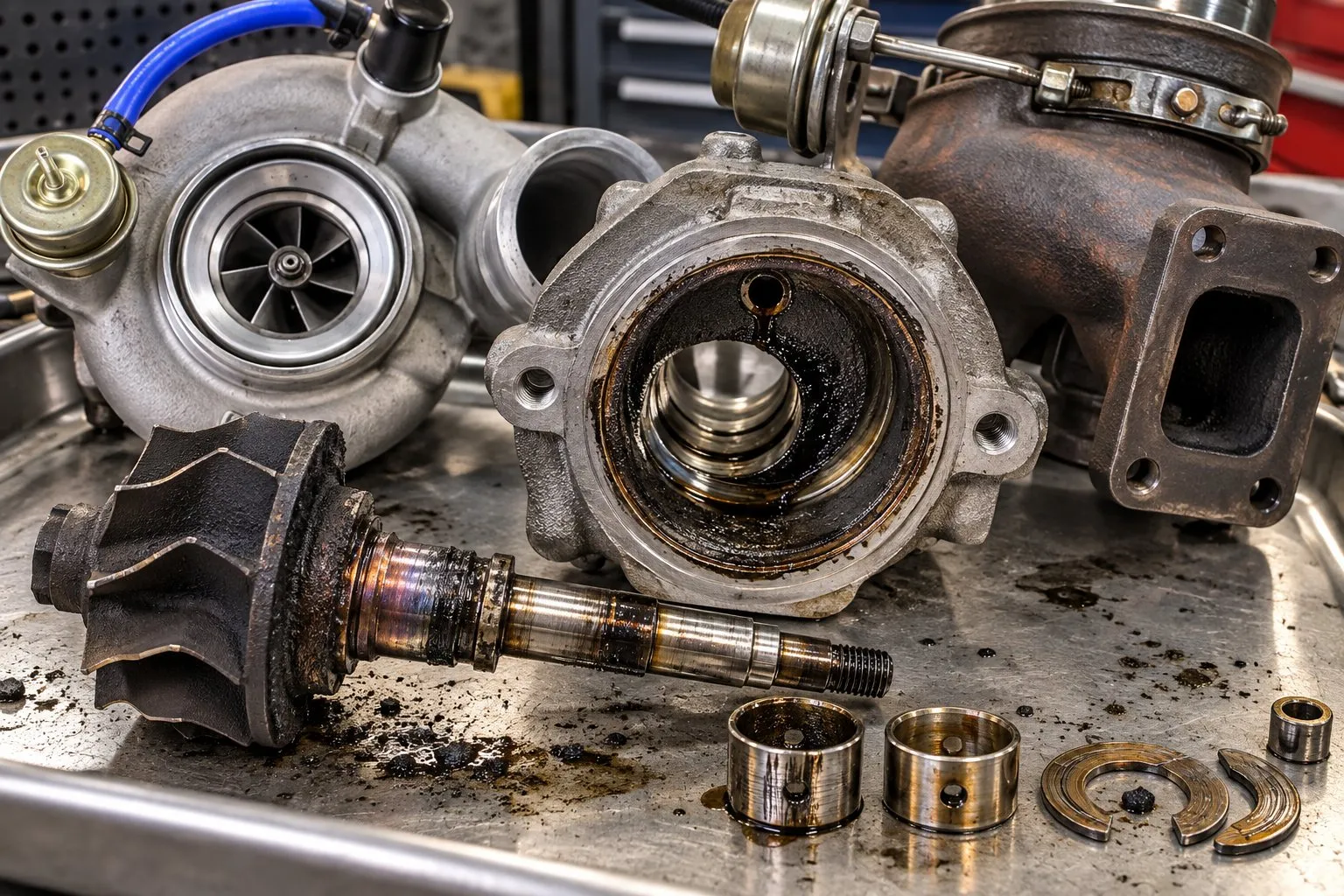 Hot Shutdown Turbocharger Damage: Why It Happens and How to Identify It 1 Disassembled HE351CW showing hardened oil carbon, shaft heat discoloration and worn journal bearings
