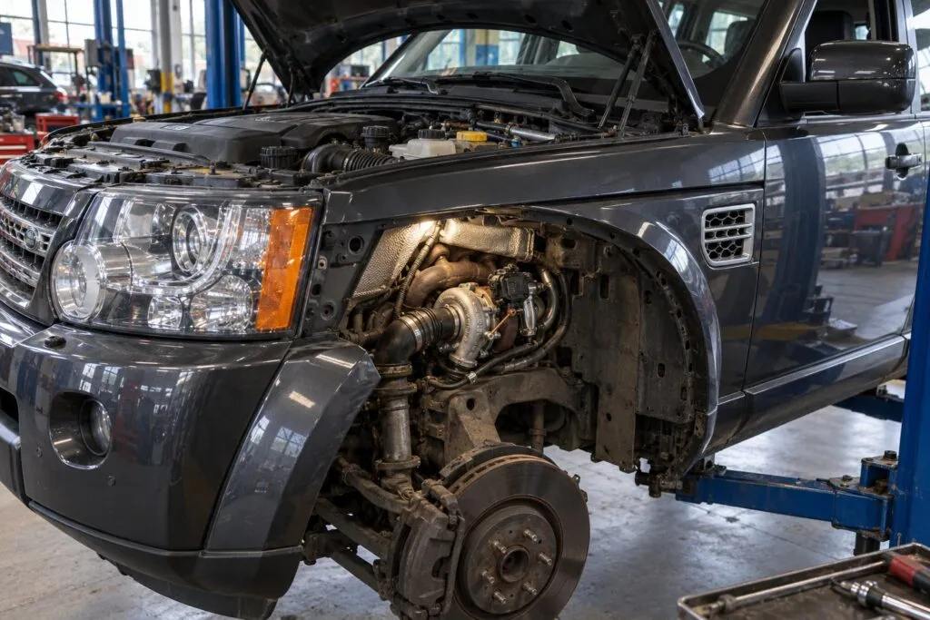 Land Rover TDV6 3.0L Turbocharger Guide: Discovery, Range Rover & Sport Applications 4 Discovery 4 TDV6 engine bay with the left-side primary turbo exposed through the wheel-arch service opening