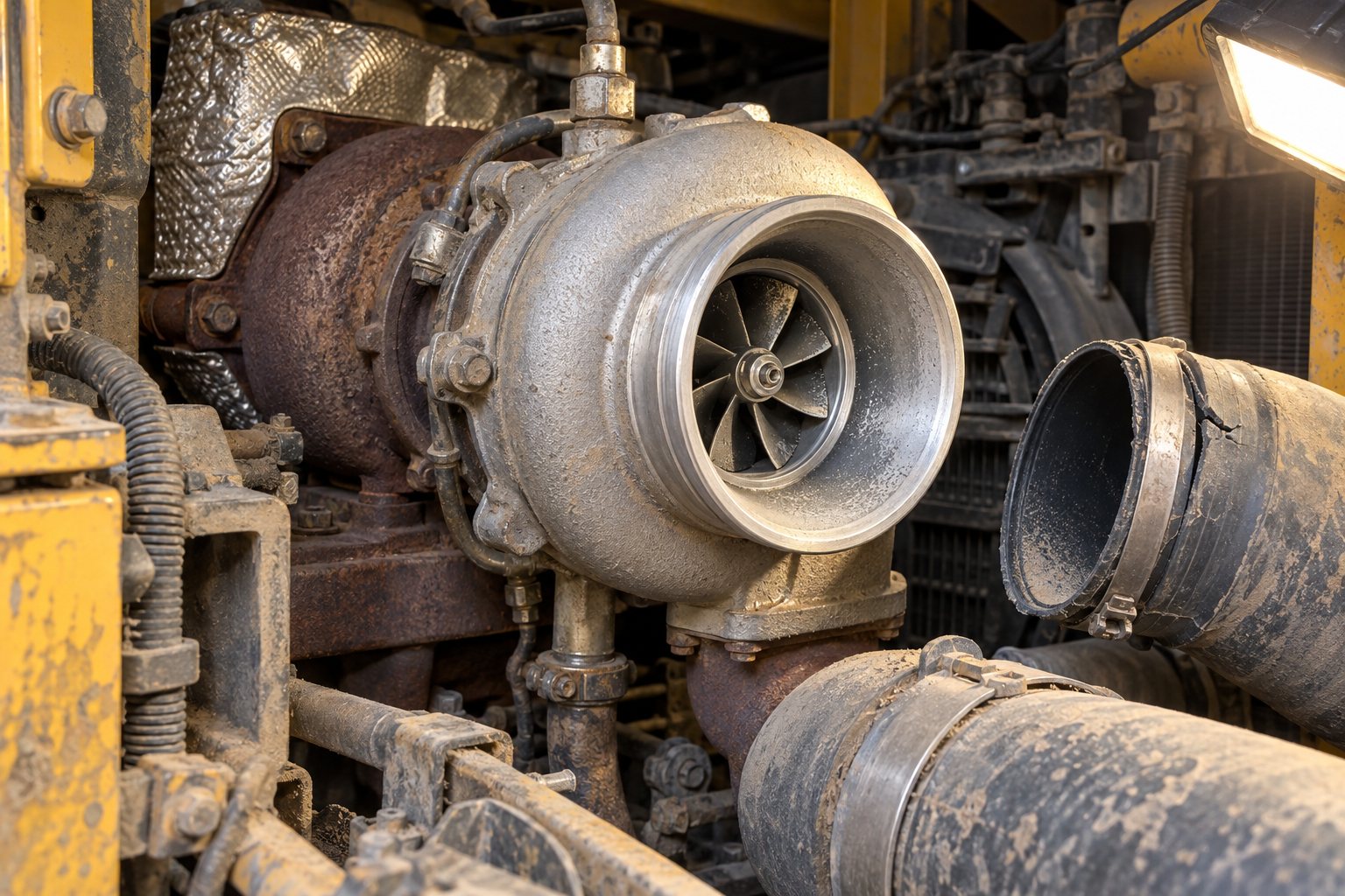 Mining Equipment Turbocharger Guide: Cat, Komatsu & Liebherr Heavy Diesel Applications 1 Dust-eroded KTR90 compressor blades exposed during inspection on a Komatsu excavator