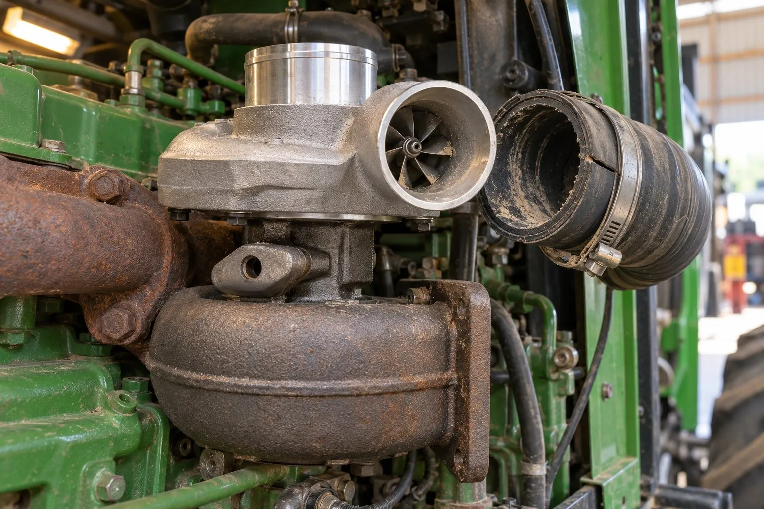 BorgWarner S200 Turbocharger: CAT C7, John Deere & Agricultural Applications 1 Dust-eroded S200 compressor blades and a split intake boot on a John Deere 6068 agricultural engine