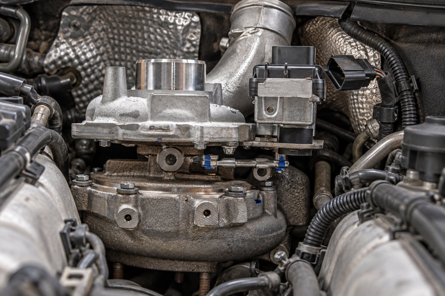 Audi 3.0L TDI Turbocharger Guide: A6, A7, A8, Q5 & Q7 Replacement 3 Electronic actuator and vane-control linkage on an installed Audi Q7 GTB2260VK turbo