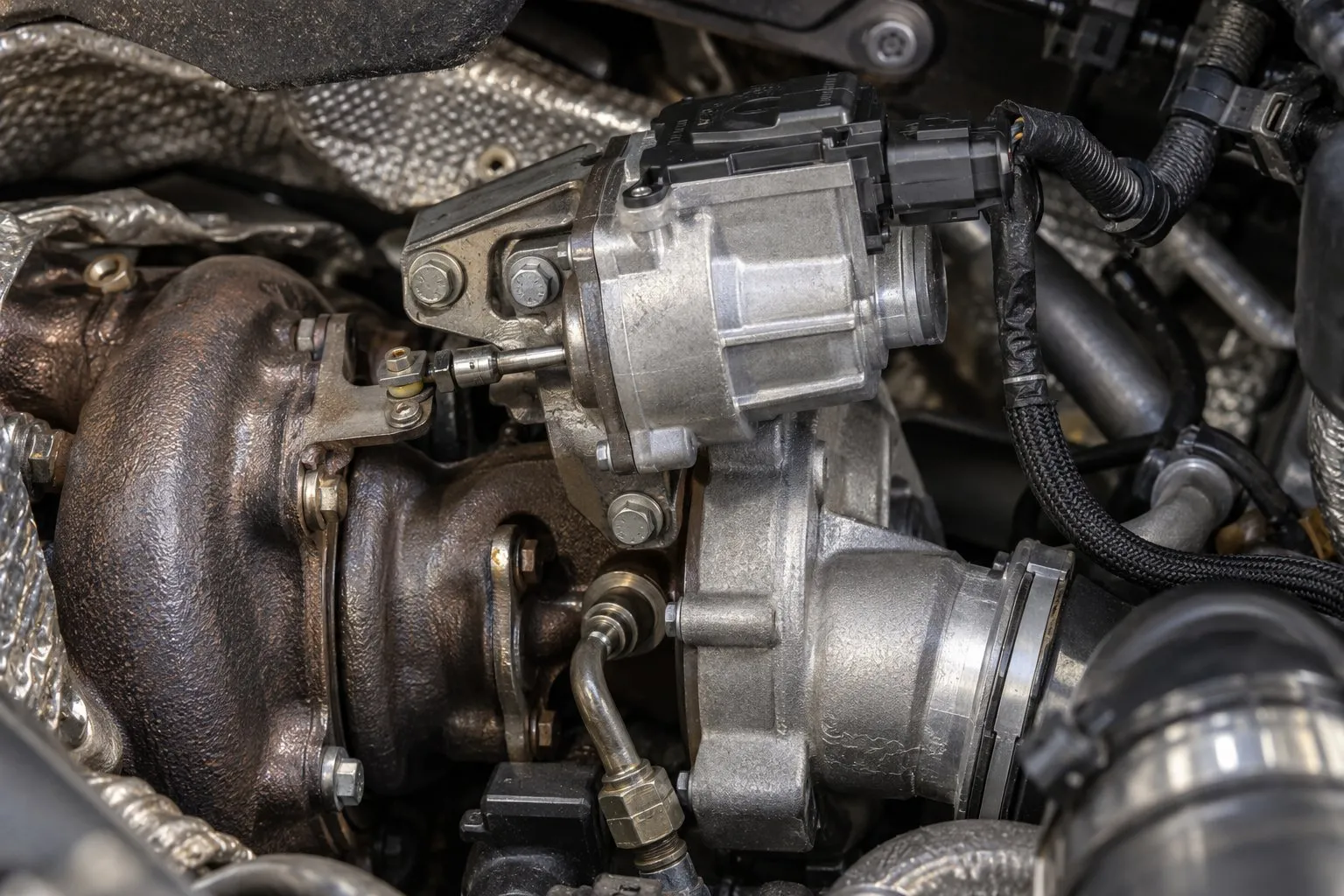 Land Rover TD4 2.0L Turbocharger Guide: Defender, Discovery Sport & Range Rover Evoque 1 Electronic actuator and vane-control linkage on an installed Discovery Sport 2.0L Ingenium turbo