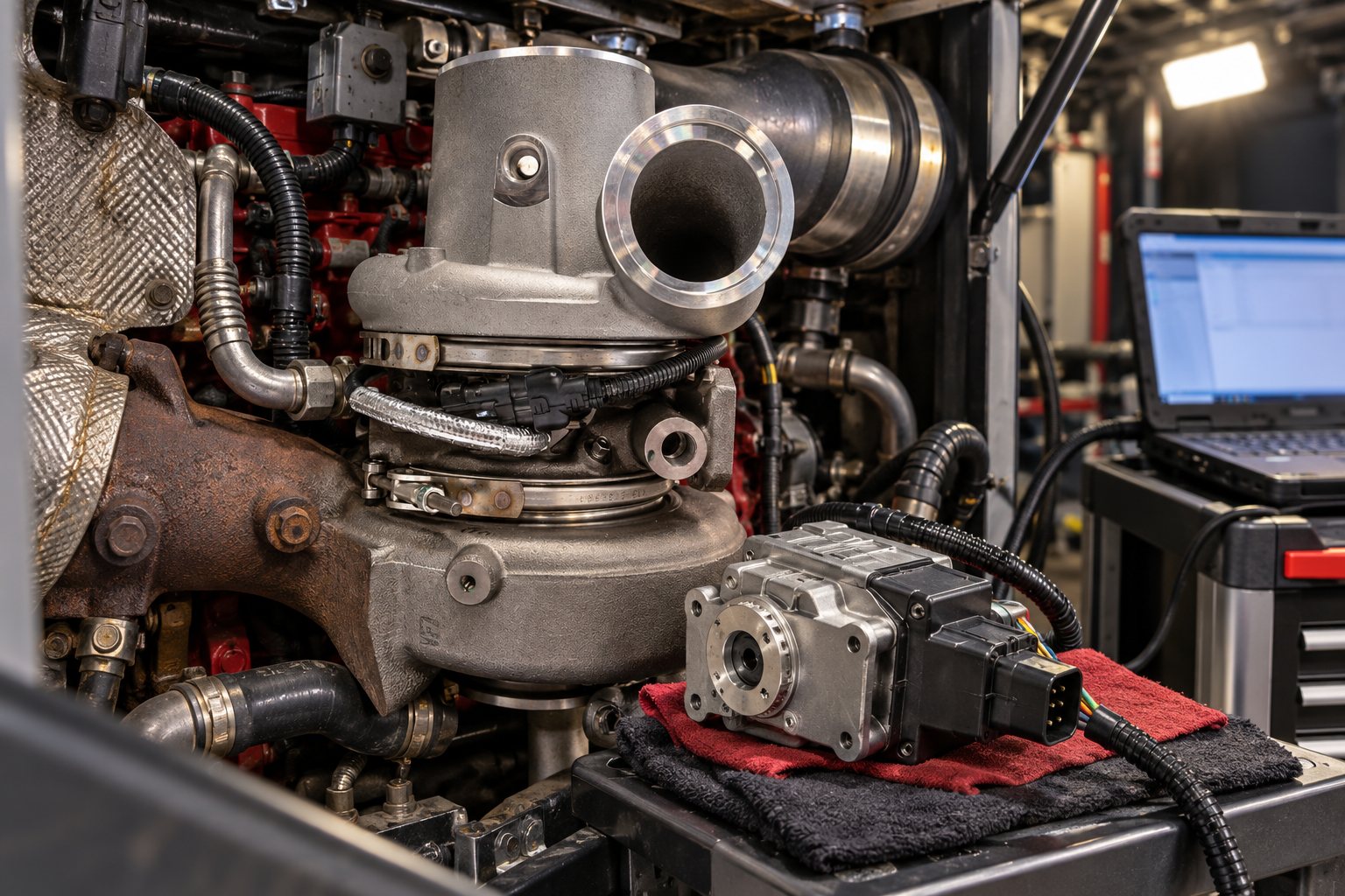 RV and Motorhome Diesel Turbocharger Guide: Cummins ISB & Freightliner Chassis 1 Electronic actuator connected but unmounted beside an installed ISB 6.7L HE351VE during diagnostic setup