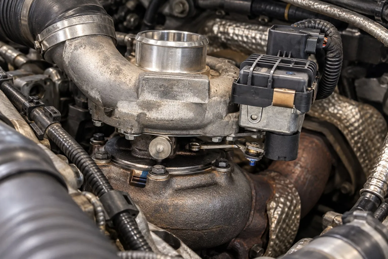 Garrett GT2056V Turbocharger: Mercedes OM642 & Dodge Sprinter Application Guide 3 Electronic GT2056V actuator and vane linkage inspected in a Sprinter OM642 engine bay
