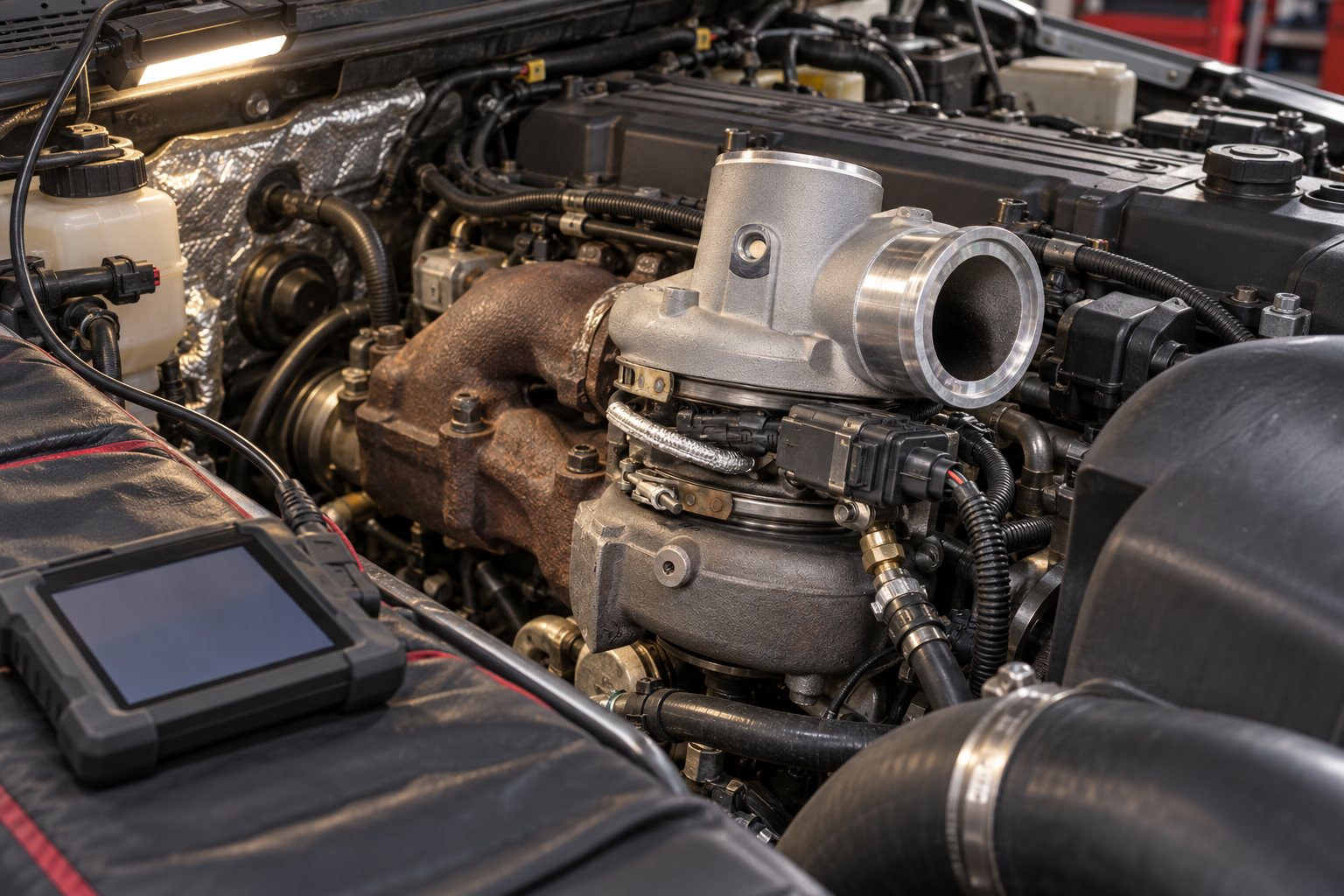 How Long Does a Turbocharger Rebuild Take? Realistic Timelines Explained 4 Electronic service tool connected to an HE351VE actuator on a 6.7L Cummins Dodge Ram