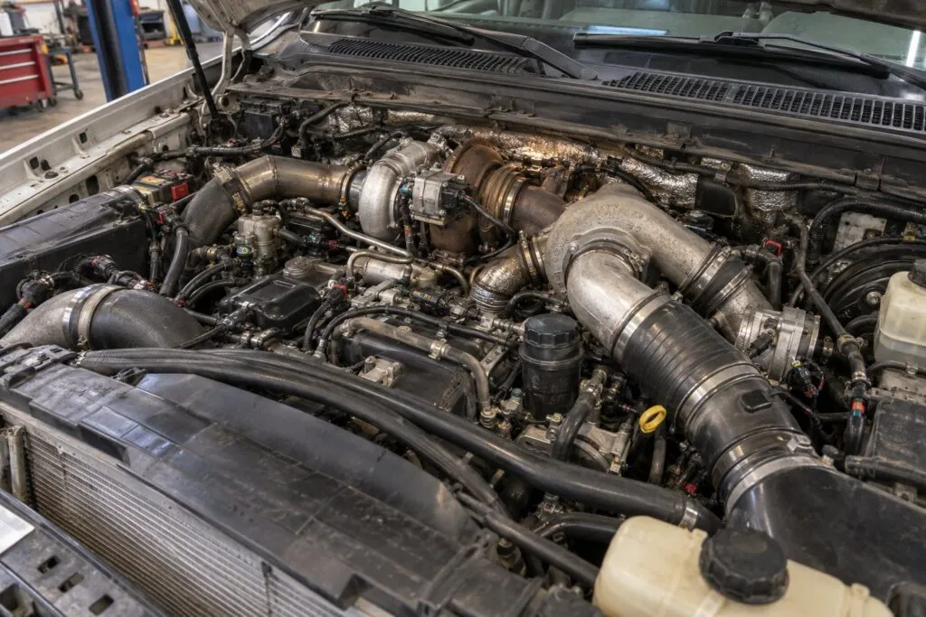 Turbocharger Failed on a Fresh Engine Rebuild: The Most Common Reasons Why 3 Factory compound turbos installed on a freshly rebuilt 6.4L Power Stroke in a Super Duty engine bay