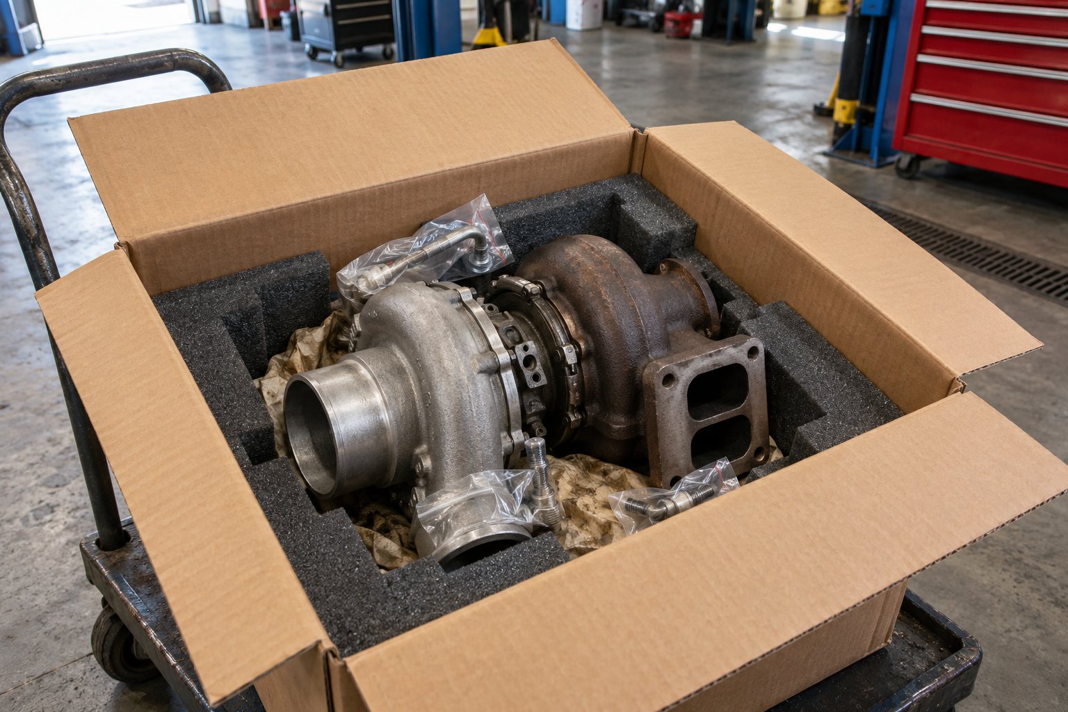 Turbocharger Core Exchange Programs: How They Work and What to Expect 1 Failed diesel turbocharger secured in fitted return packaging with its oil connections protected