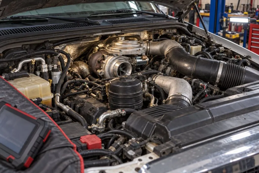 Turbocharger Fault Codes: The Full List of Boost Codes and What They Mean 1 Ford 6.0L Power Stroke engine bay with its installed GT3782VA turbo and diagnostic scan tool