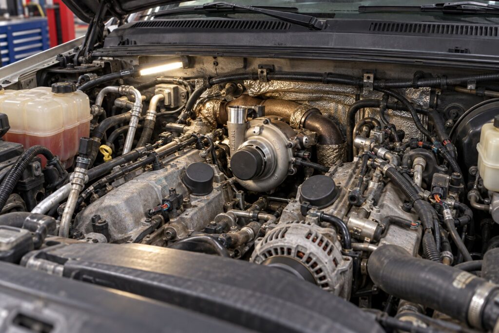 How to Remove a Turbocharger on a Duramax: LBZ, LMM & LML Step-by-Step 18 Garrett GT3788VA exposed at the rear of a 2006 Silverado HD Duramax LBZ engine bay