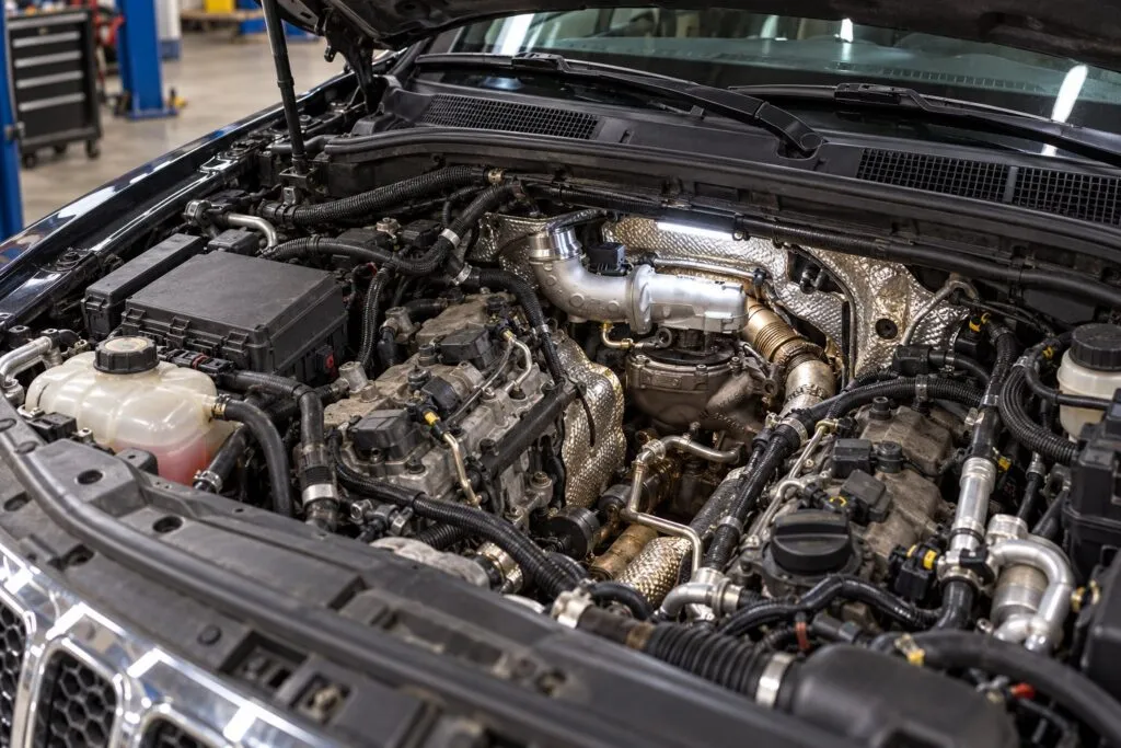 Jeep Grand Cherokee EcoDiesel Turbocharger Guide: 3.0L VM Motori Replacement 7 Garrett GTB2056VKL turbo exposed at the rear of a Jeep Grand Cherokee EcoDiesel engine bay