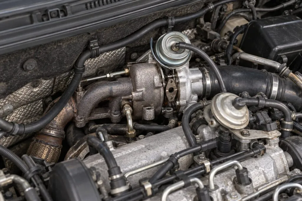 Garrett GT1749V Turbocharger: VW TDI & Audi A4 Common Failure & Replacement 14 GT1749V turbo installed behind the transverse ALH 1.9L TDI engine in a 2003 Volkswagen Jetta