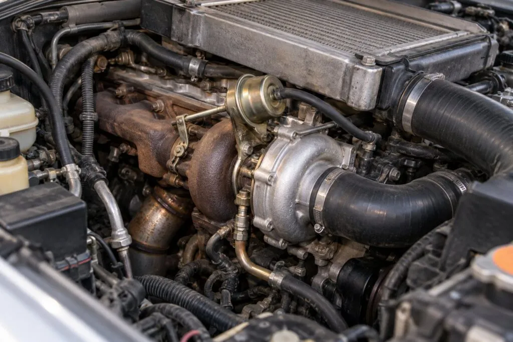 Nissan ZD30 3.0L Diesel Turbocharger Guide: Patrol & Navara D22 Common Failures 15 GT2052V turbo and vacuum actuator installed beside the ZD30 engine in a Nissan Patrol GU engine bay