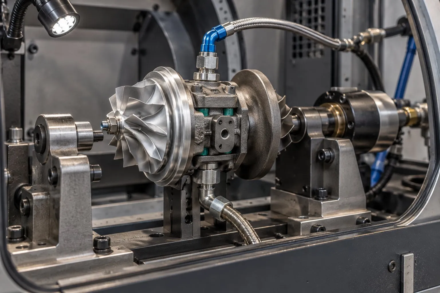 Garrett GT4094R Turbocharger: Specs, Sizing & Performance Build Guide 1 GT4094R cartridge positioned in a VSR balancing machine before its protective enclosure is closed