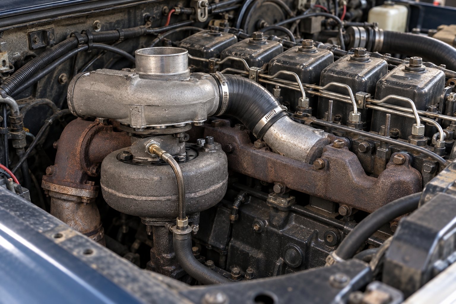 Holset H2C Turbocharger: Early Cummins Applications & Cross-Reference Guide 1 H1C turbo installed beside the exhaust manifold of a first-generation Dodge Ram 5.9L Cummins