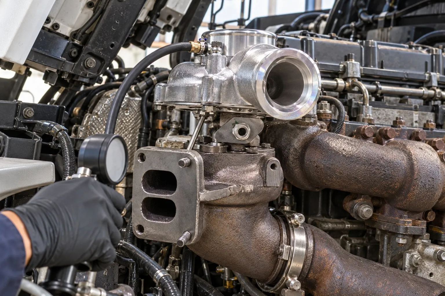 BorgWarner K27 Turbocharger: Mercedes & European Diesel Application Guide 3 Hand pressure pump connected to the pneumatic wastegate actuator on an installed OM906LA K27 turbo