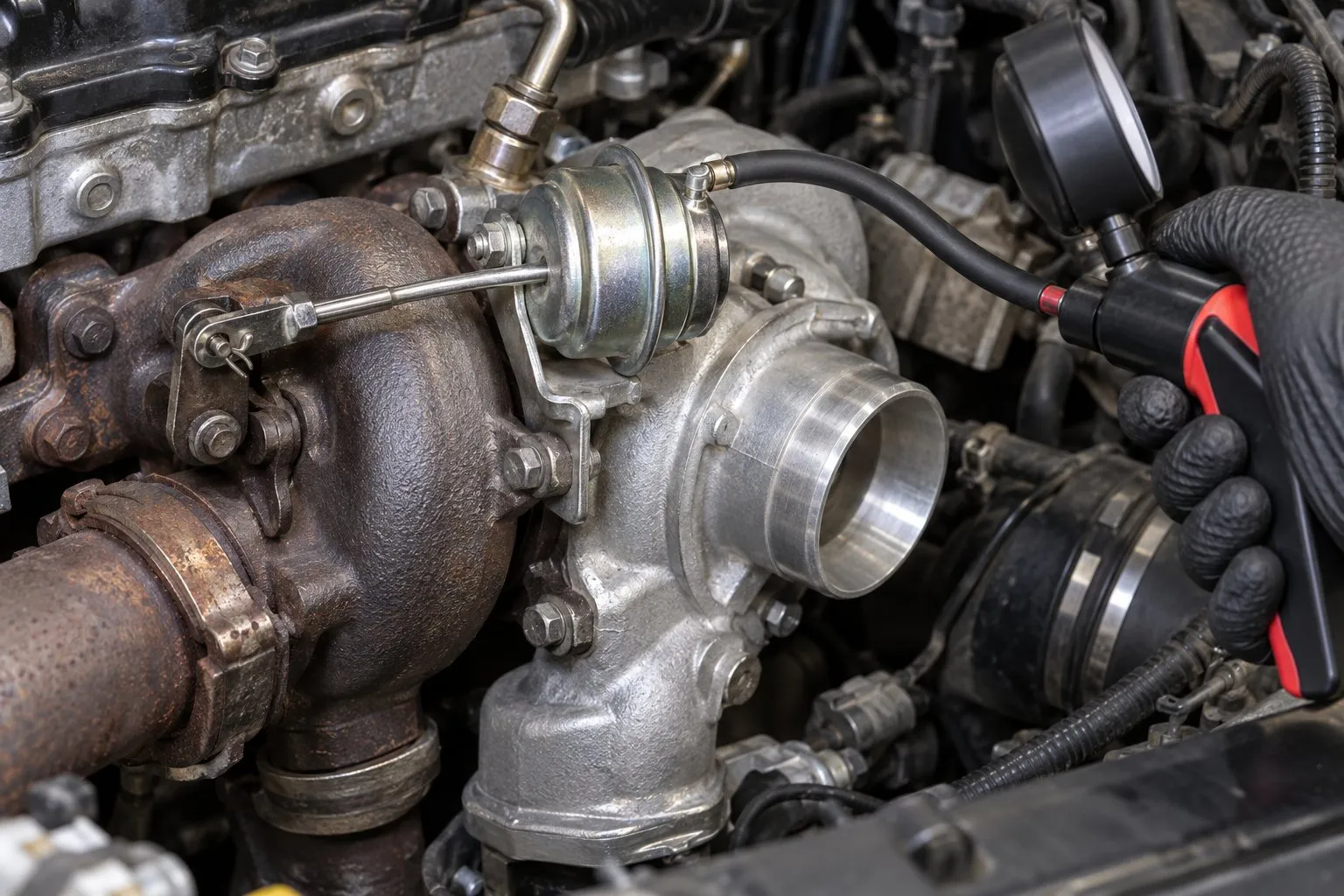 Mitsubishi 4M41 3.2L Turbocharger Guide: Pajero, Triton & L200 Replacement 1 Hand pump connected to the pneumatic vane actuator on a Pajero 4M41 turbo during an installed linkage check