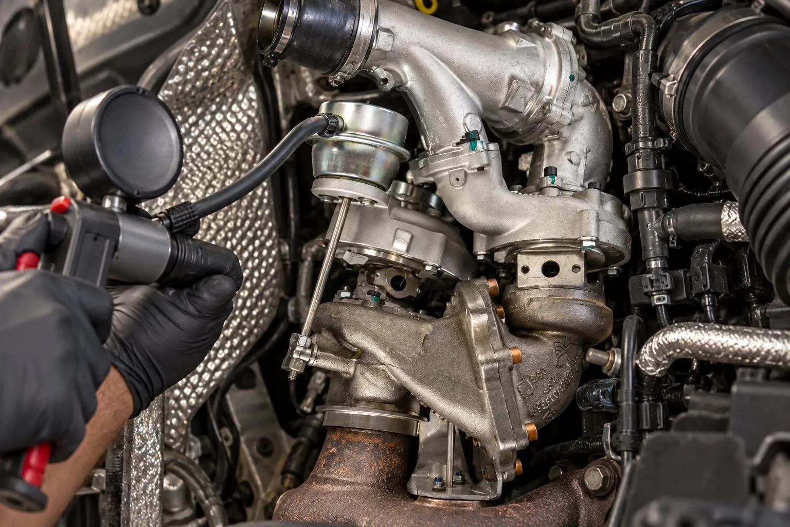 Mercedes OM651 Turbocharger Guide: Sprinter 2.1L CDI Failure Symptoms & Replacement 4 Hand vacuum pump connected to a turbo control actuator on an OM651 Sprinter