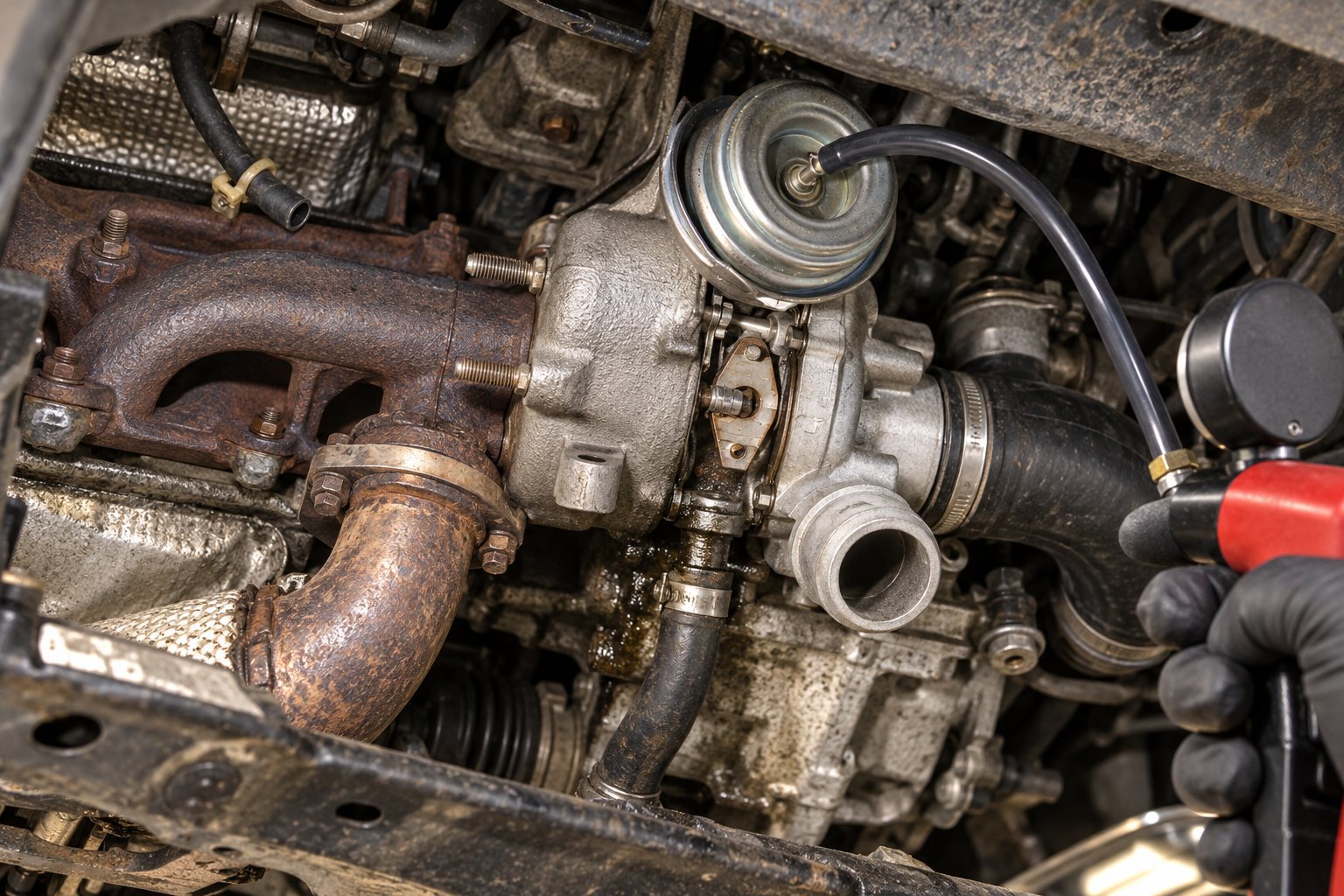 VW 1.9L TDI Turbocharger Guide: ALH, BEW & BRM Engine Replacement Reference 3 Hand vacuum pump connected to the ALH GT1749V actuator for an installed linkage movement test