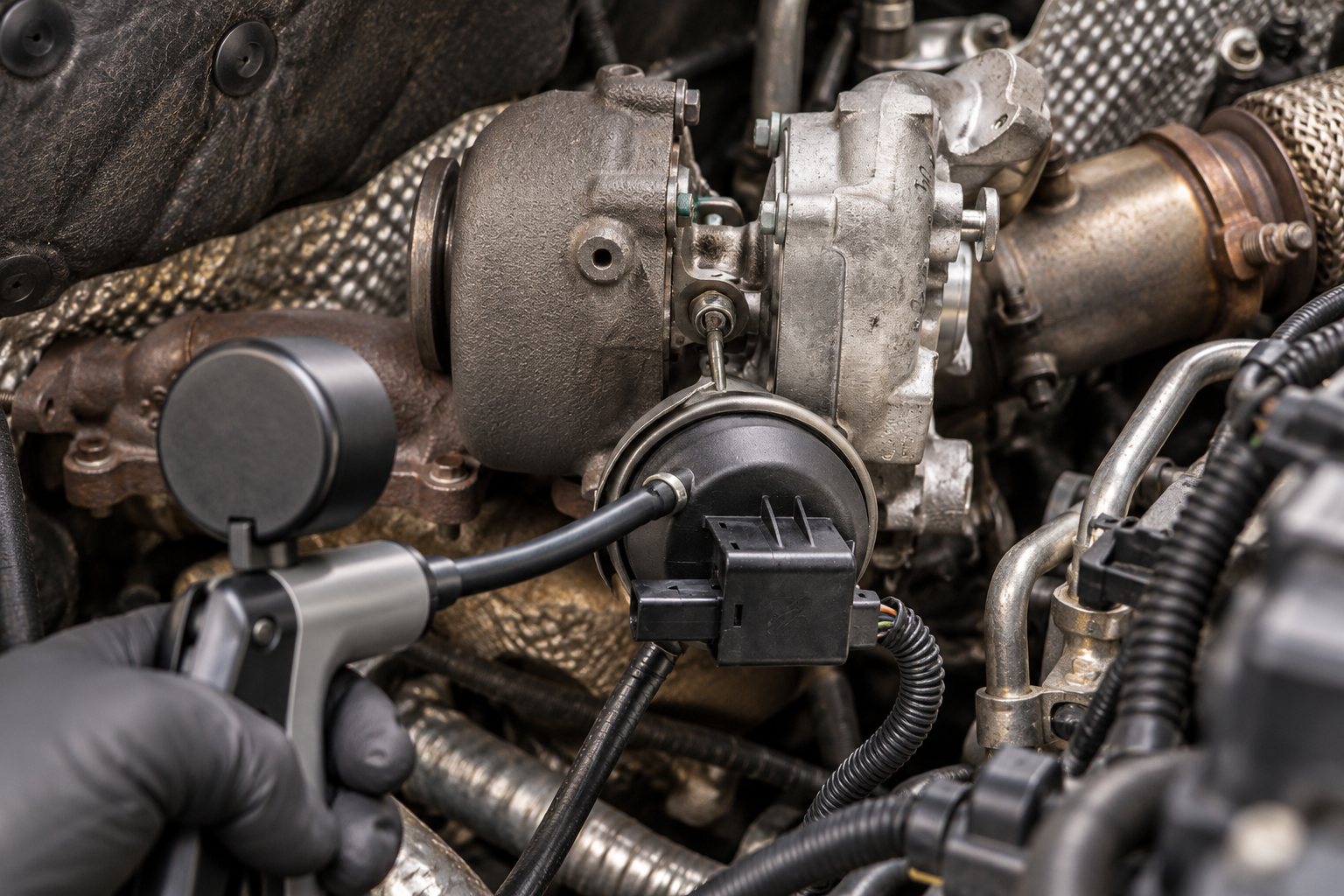 VW TDI 2.0L Turbocharger Guide: Jetta, Golf, Passat & Tiguan Replacement 3 Hand vacuum pump connected to the BV43 turbo actuator on a CJAA Jetta TDI