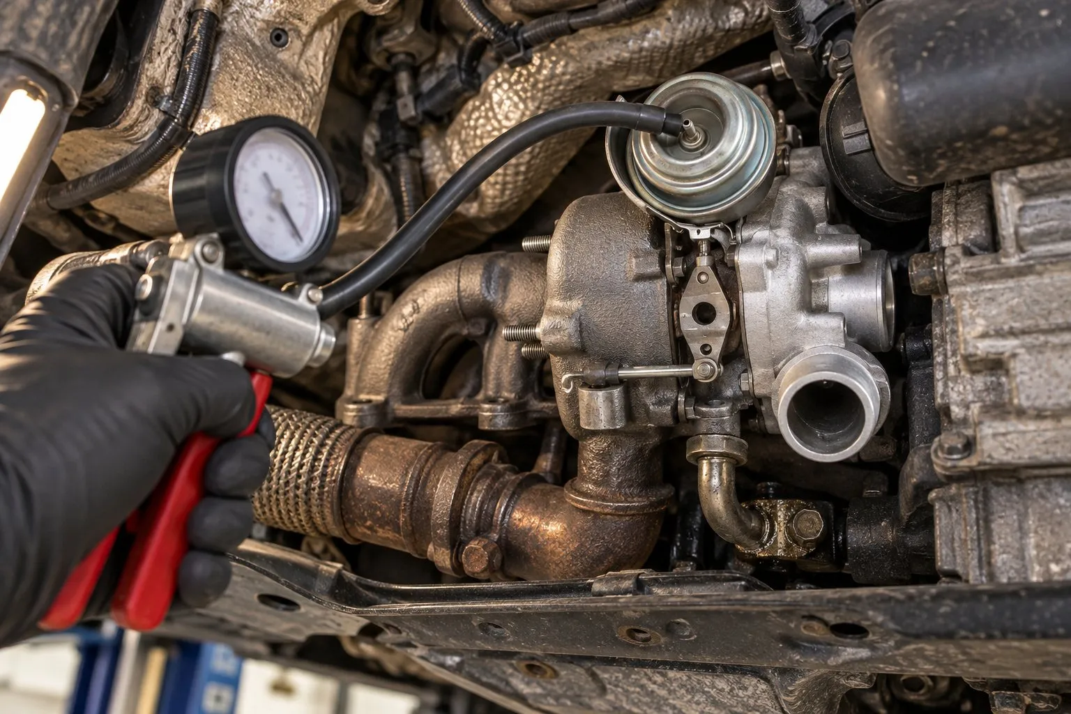 Garrett GT1749V Turbocharger: VW TDI & Audi A4 Common Failure & Replacement 3 Hand vacuum pump connected to the GT1749V actuator beneath a 2003 Jetta ALH TDI engine