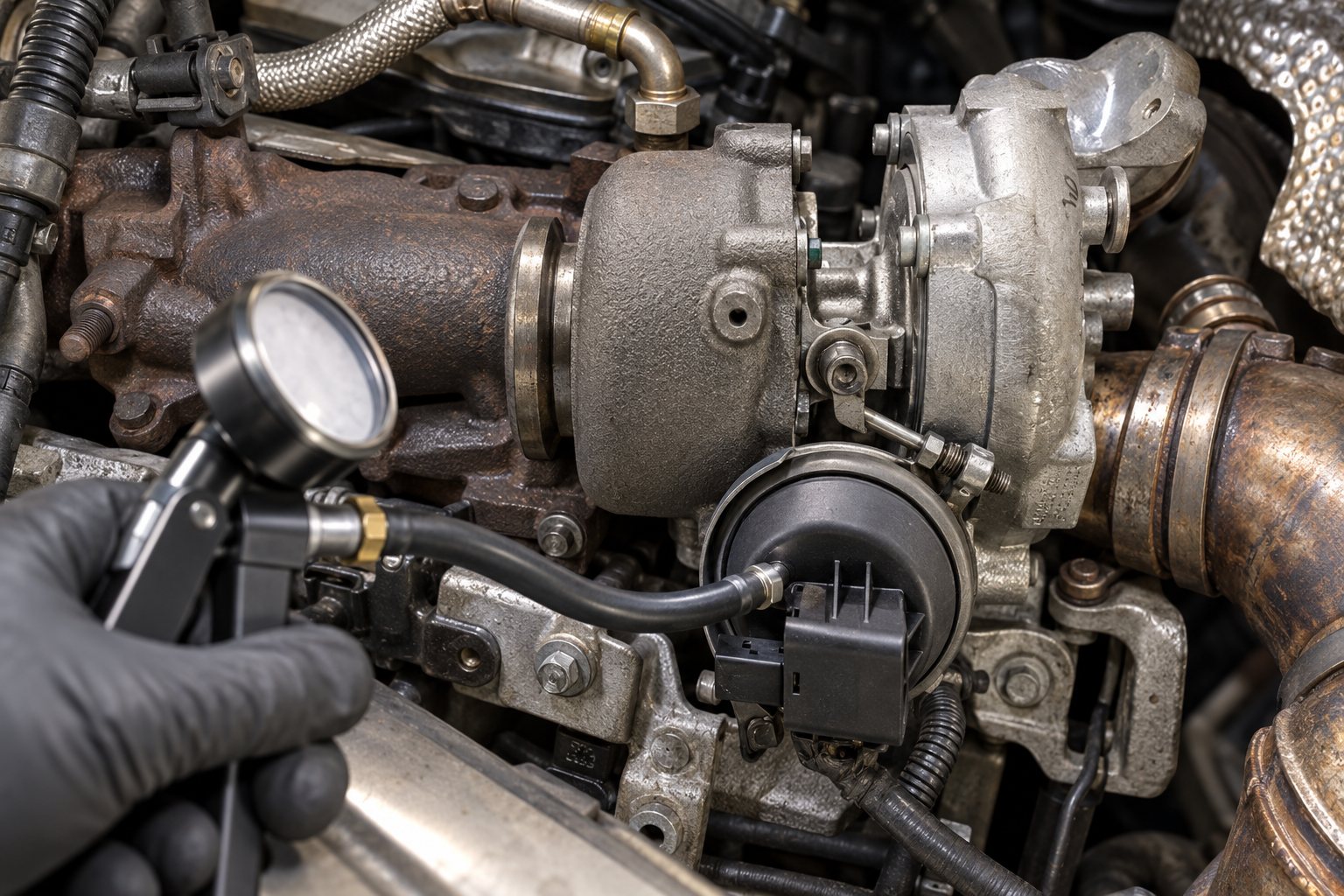 Audi 2.0L TDI Turbocharger Guide: A3, A4, A5 & Q3 Common Failures & Replacement 3 Hand vacuum pump connected to the installed BV43 actuator on an Audi A4 2.0L TDI