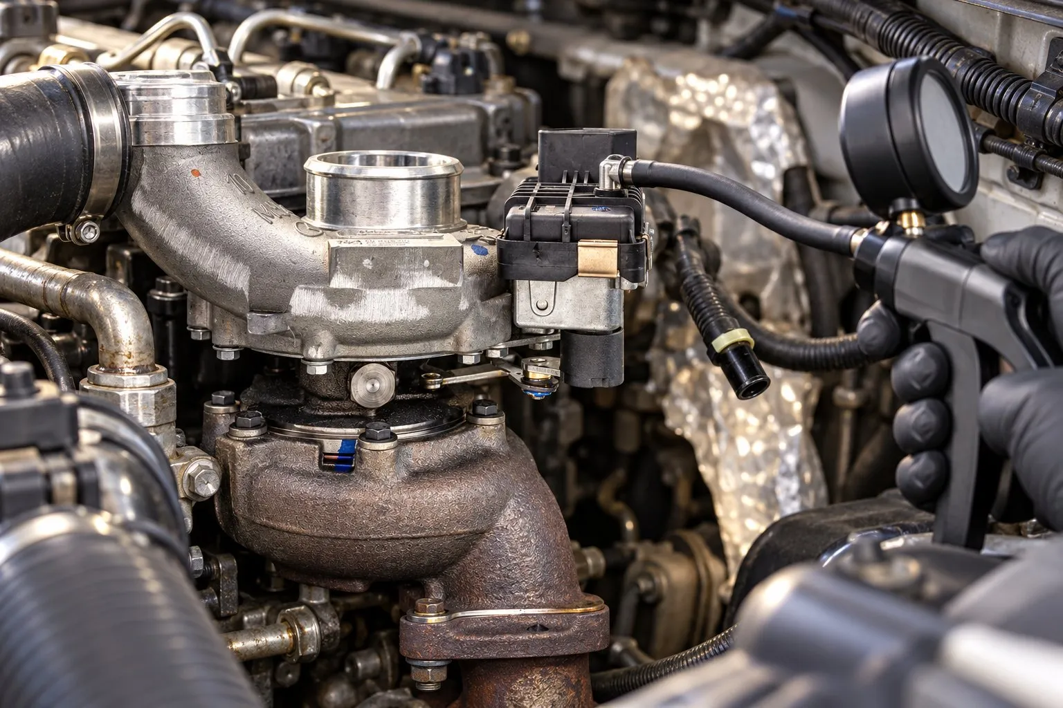 Nissan YD25 2.5L Diesel Turbocharger Guide: Navara & Pathfinder Replacement 1 Handheld vacuum pump connected to the GT2056V vane actuator on a Navara D40 YD25 engine