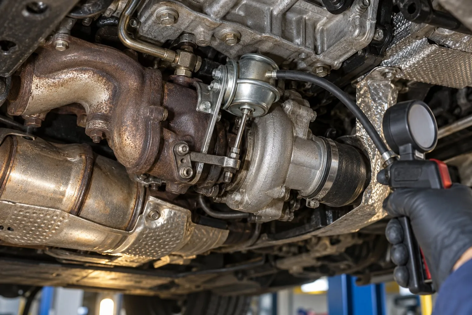 Subaru EE20 2.0L Diesel Turbocharger Guide: Outback & Forester Applications 1 Handheld vacuum pump connected to the pneumatic vane actuator on a Subaru EE20 RHV4 turbo