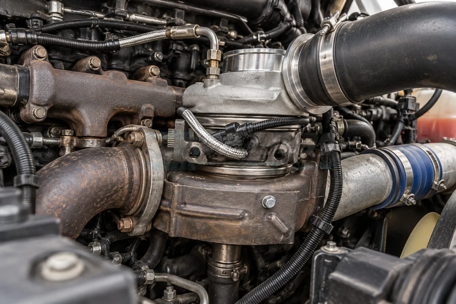 Holset HE341VE Turbocharger: 5.9L Cummins Application, Specs & Replacement Guide 3 HE341VE turbo and electronic actuator installed beside a medium-duty truck’s 5.9L Cummins ISB exhaust manifold.